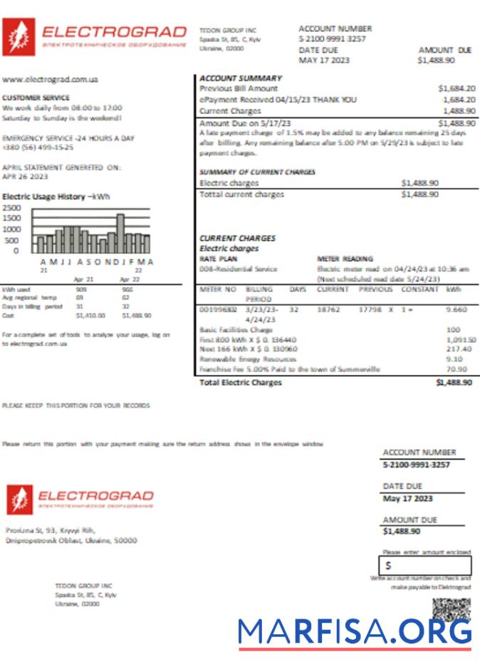 Realistic Elektrograd electricity utility business bill SCR sample